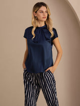 [Dunkelblau] SilkSilky-DE Short Sleeve Blouse 004