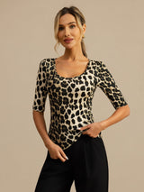 [Leopard] SilkSilky-DE Halblange Ärmel Tiefer Rundhalsausschnitt T-Shirt 001
