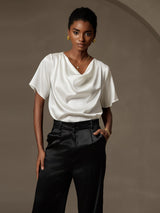 [Weiß] SilkSilky-DE Short Sleeve Cowl Neck Damenblusen 004