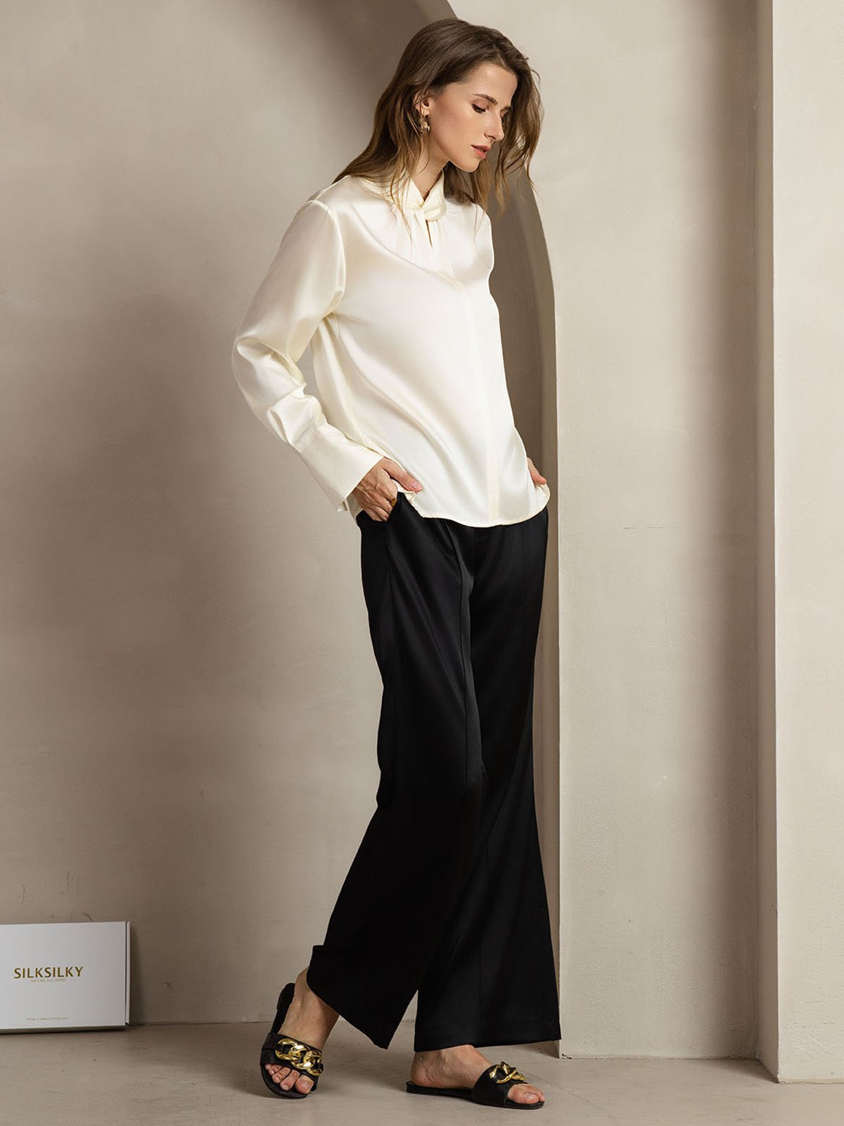 [Elfenbeinfarbe] SilkSilky-DE 19Momme Seide Womens Shirt 011