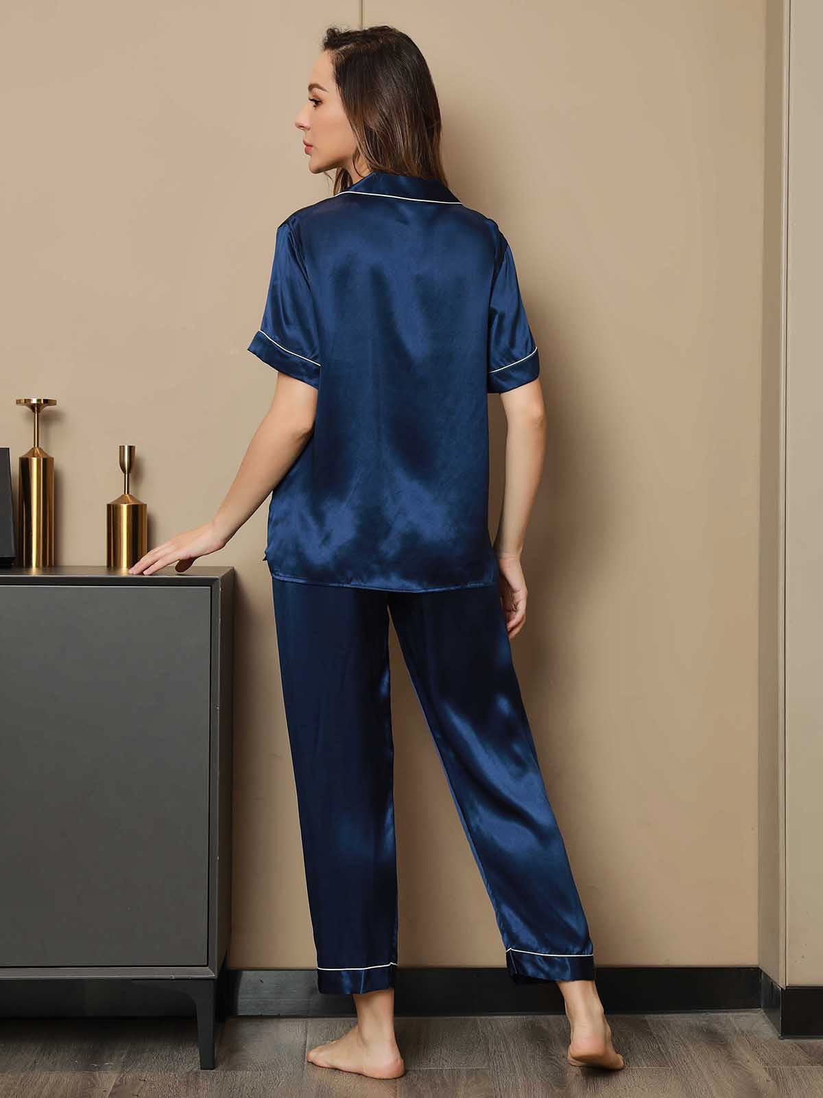 [Dunkelblau] SilkSilky-DE Reine Seide Kurzärmelig Revers Damen Pyjamas 002