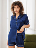 SilkSilky-DE Reine Seide Kurzärmelig Revers Damen Pyjamas Dunkelblau 003