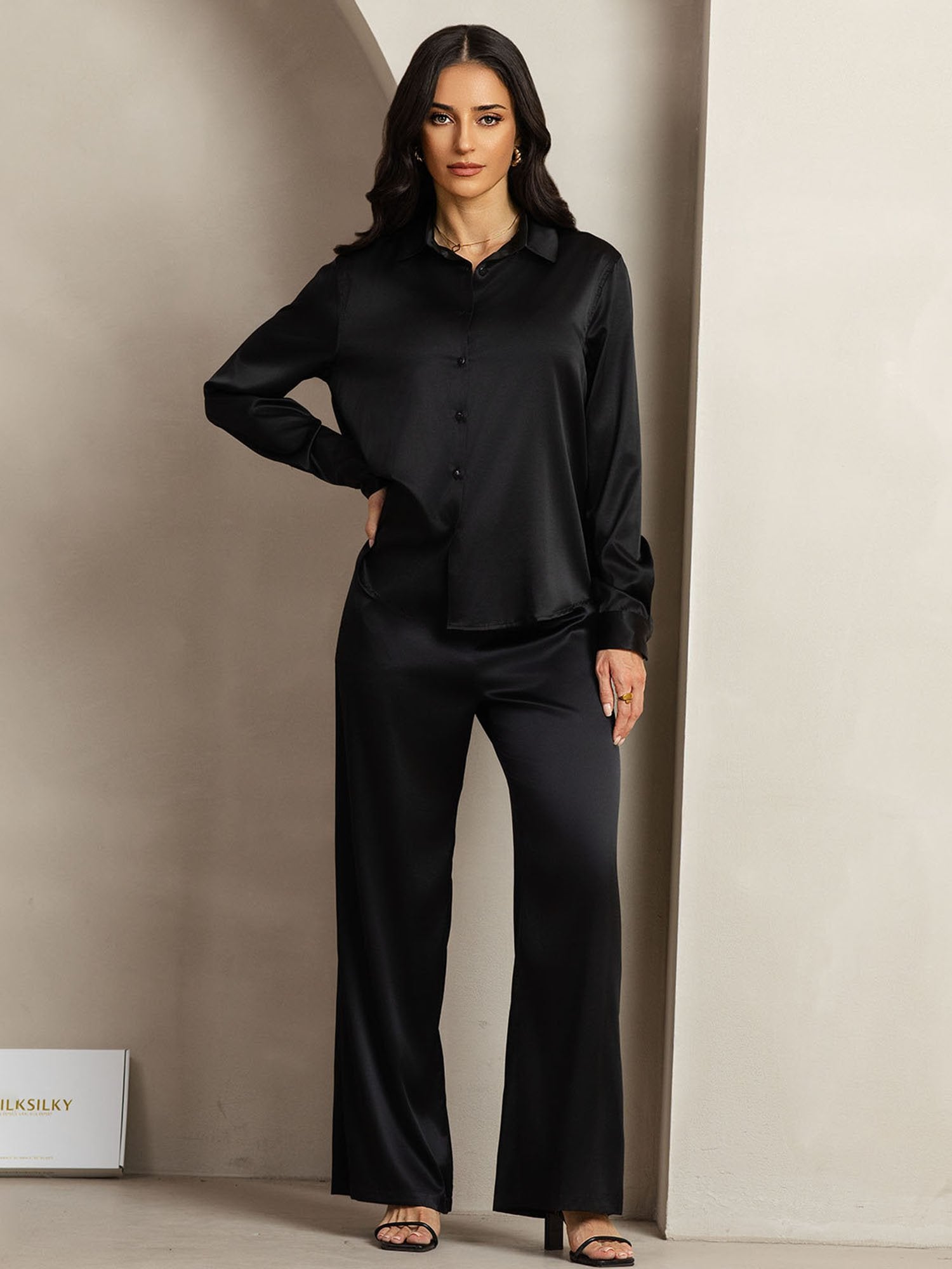 [Schwarz] SilkSilky-DE 19Momme Seide Umlegekragen Women''s Outfit Sets 004
