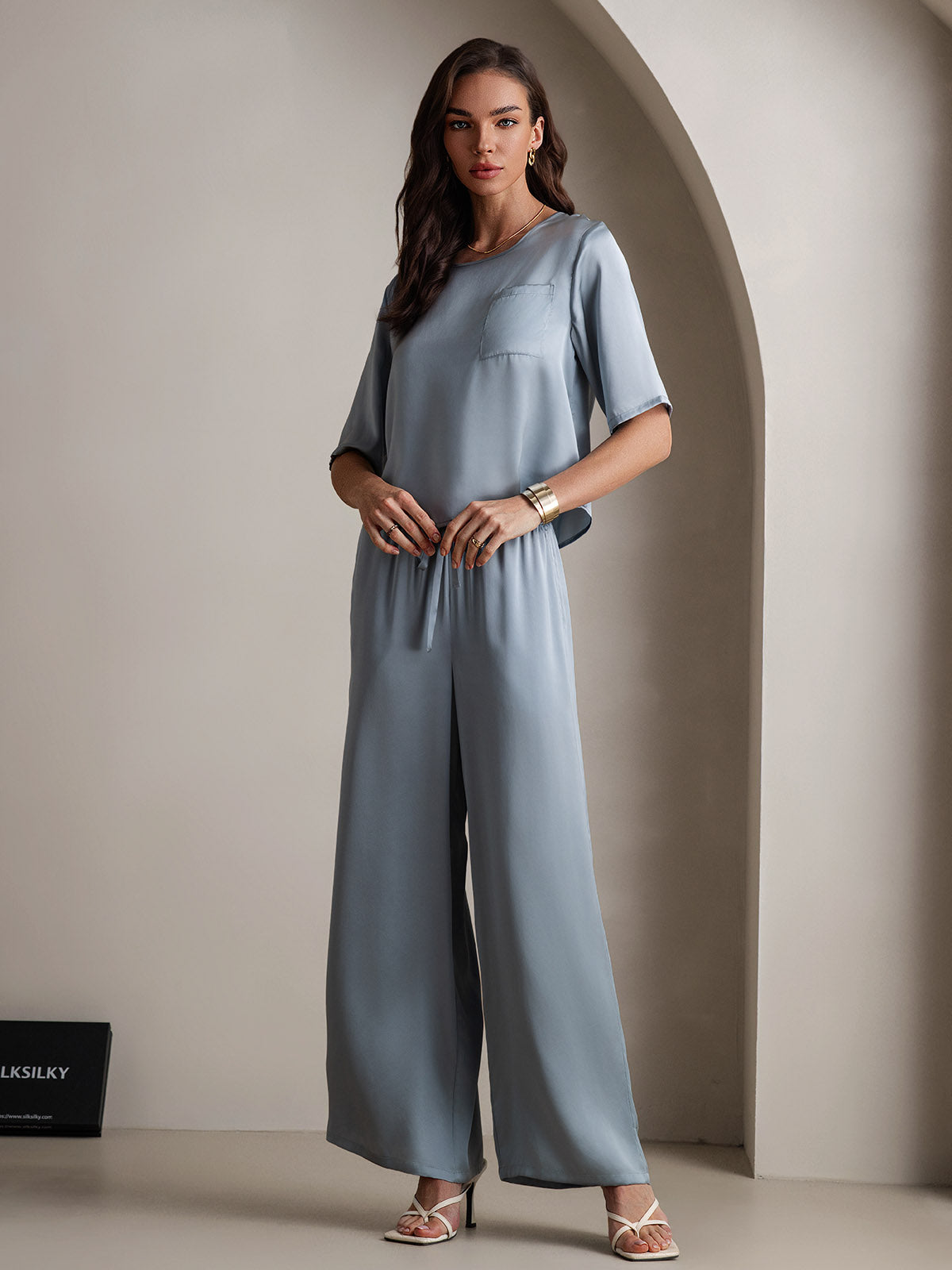 [Graublau] SilkSilky-DE Reine Seide Womens Pajamas 004