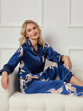 SilkSilky-DE 19Momme Reine Seide Langärmelig Revers Damen Pyjamas Dunkelblau 006