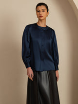 [Dunkelblau] SilkSilky-DE 19Momme Long Sleeve Round Neck Bluse 003