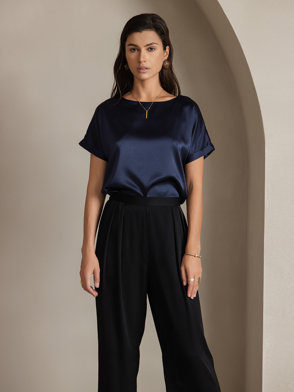 [Dunkelblau] SilkSilky-DE 19Momme Seide Womens T-Shirt 001