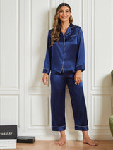 [Dunkelblau] SilkSilky-DE Reine Seide Langärmelig Womens Pajamas 004