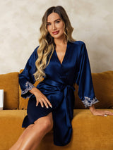 [Dunkelblau] SilkSilky-DE 3/4 Sleeve Damen Morgenmantel 004