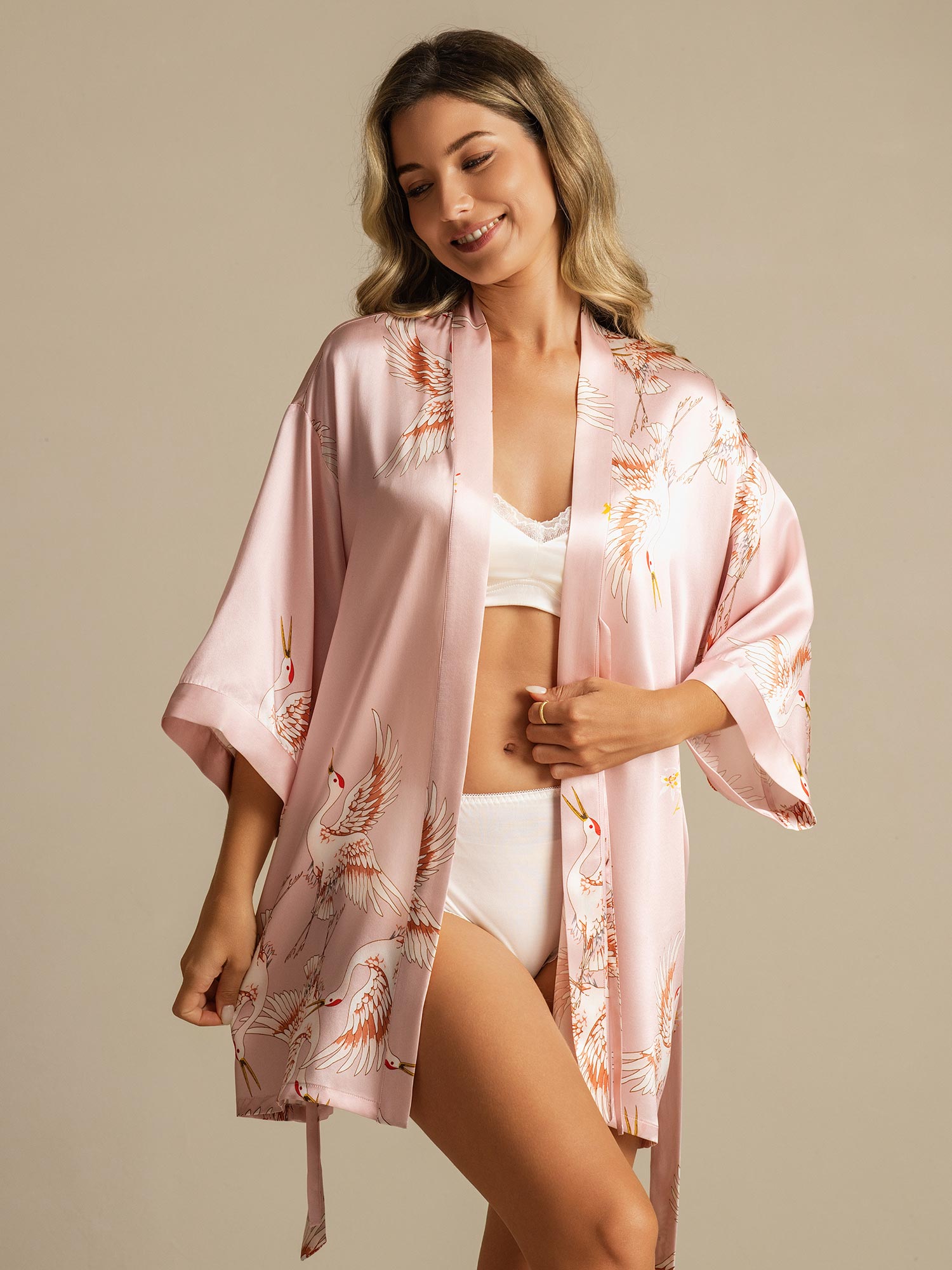 [Rosa] SilkSilky-DE Reine Seide V Ausschnitt Damen Morgenmantel 003