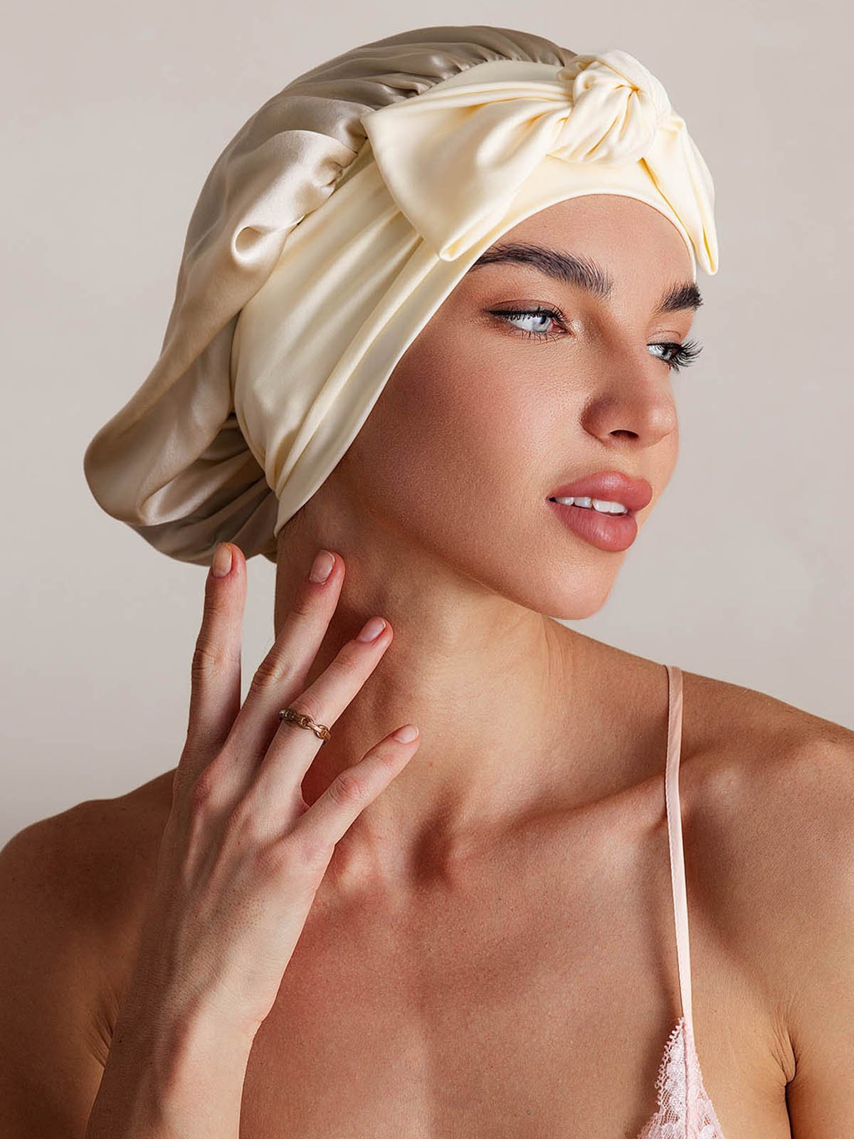 [Beige] SilkSilky-DE Reine Seide Sleep Cap 001
