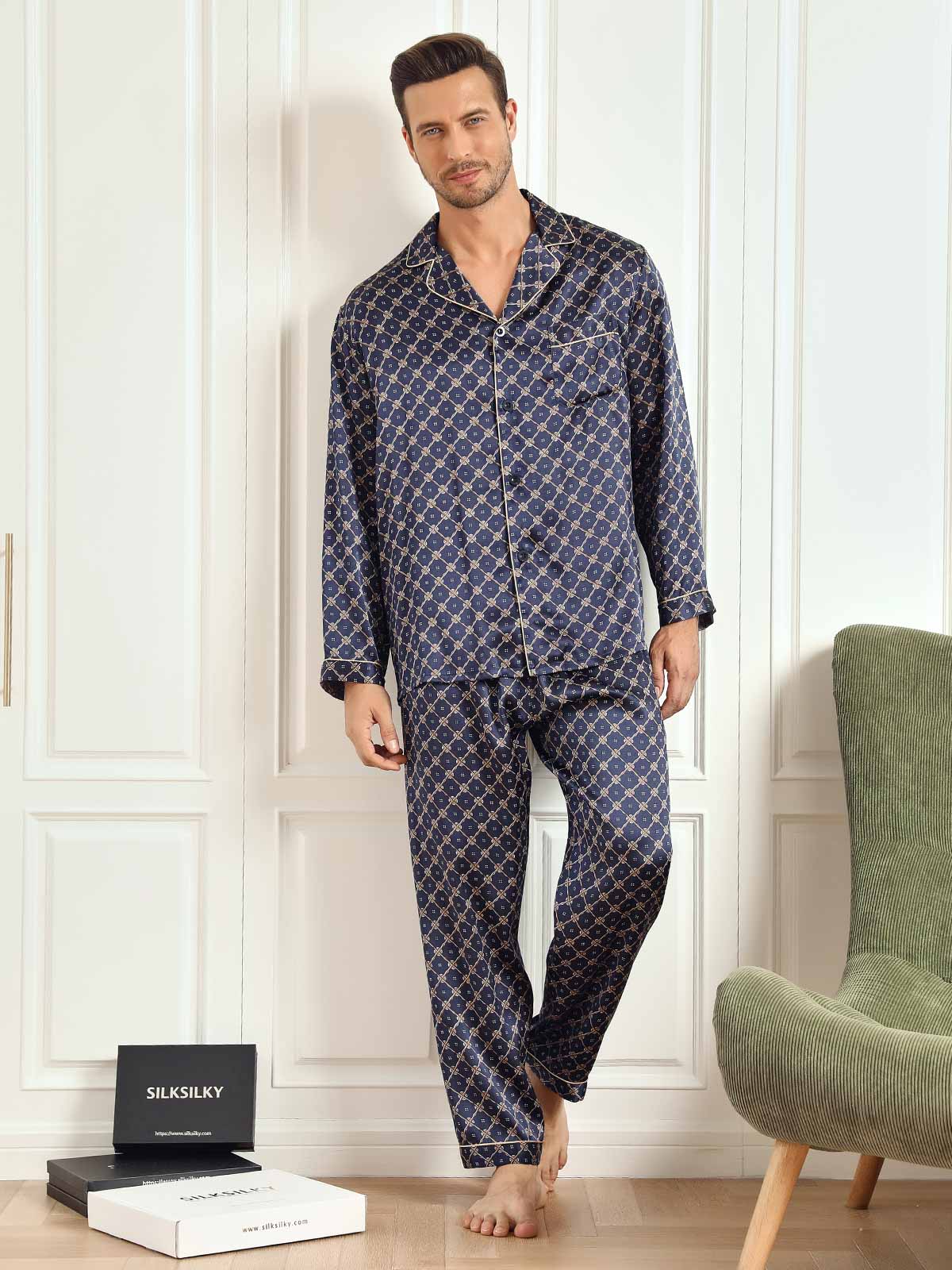 [Marine Kette] SilkSilky-DE Long Sleeve Notch-Kragen Herren Pyjamas 002
