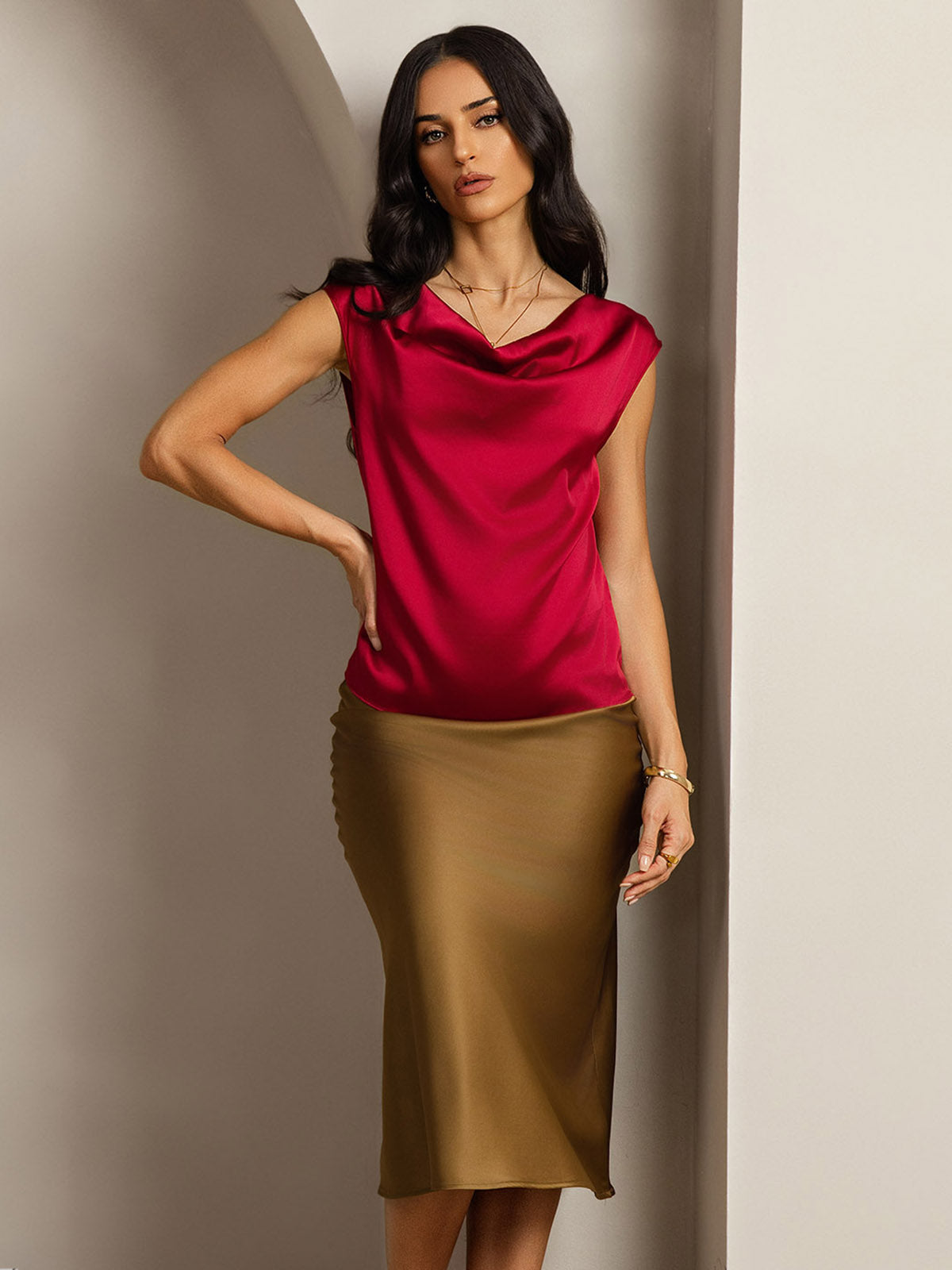 [Rotwein] SilkSilky-DE 19Momme Seide Ärmellos Wasserfallausschnitt T-Shirt 004