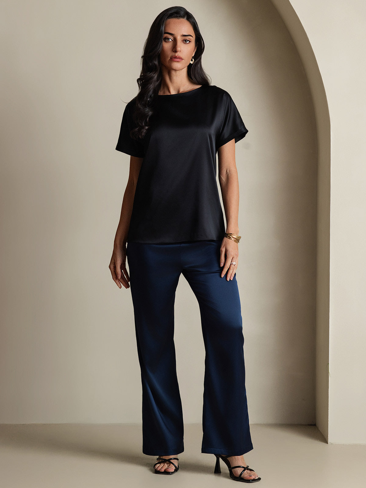 [Schwarz] SilkSilky-DE 19Momme Seide Womens T-Shirt 006