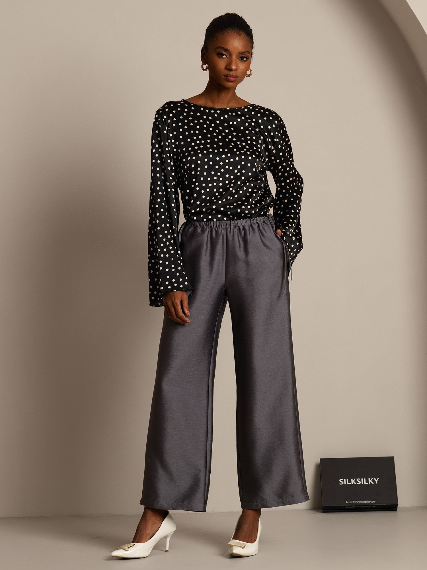 [Grau] SilkSilky-DE 32Momme Silk-Wool Blend Womens Pants 003,