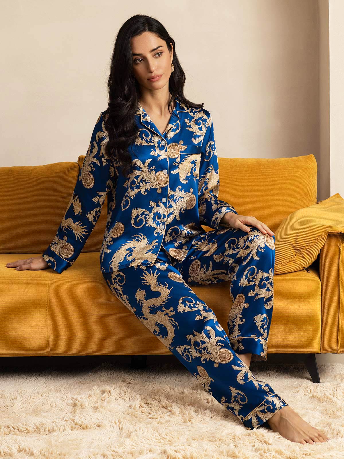 [Navy Drache] SilkSilky-DE Reine Seide Womens Pajamas 008