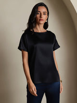 [Schwarz] SilkSilky-DE 19Momme Kurzärmelig U-Boot-Ausschnitt T-Shirt 001