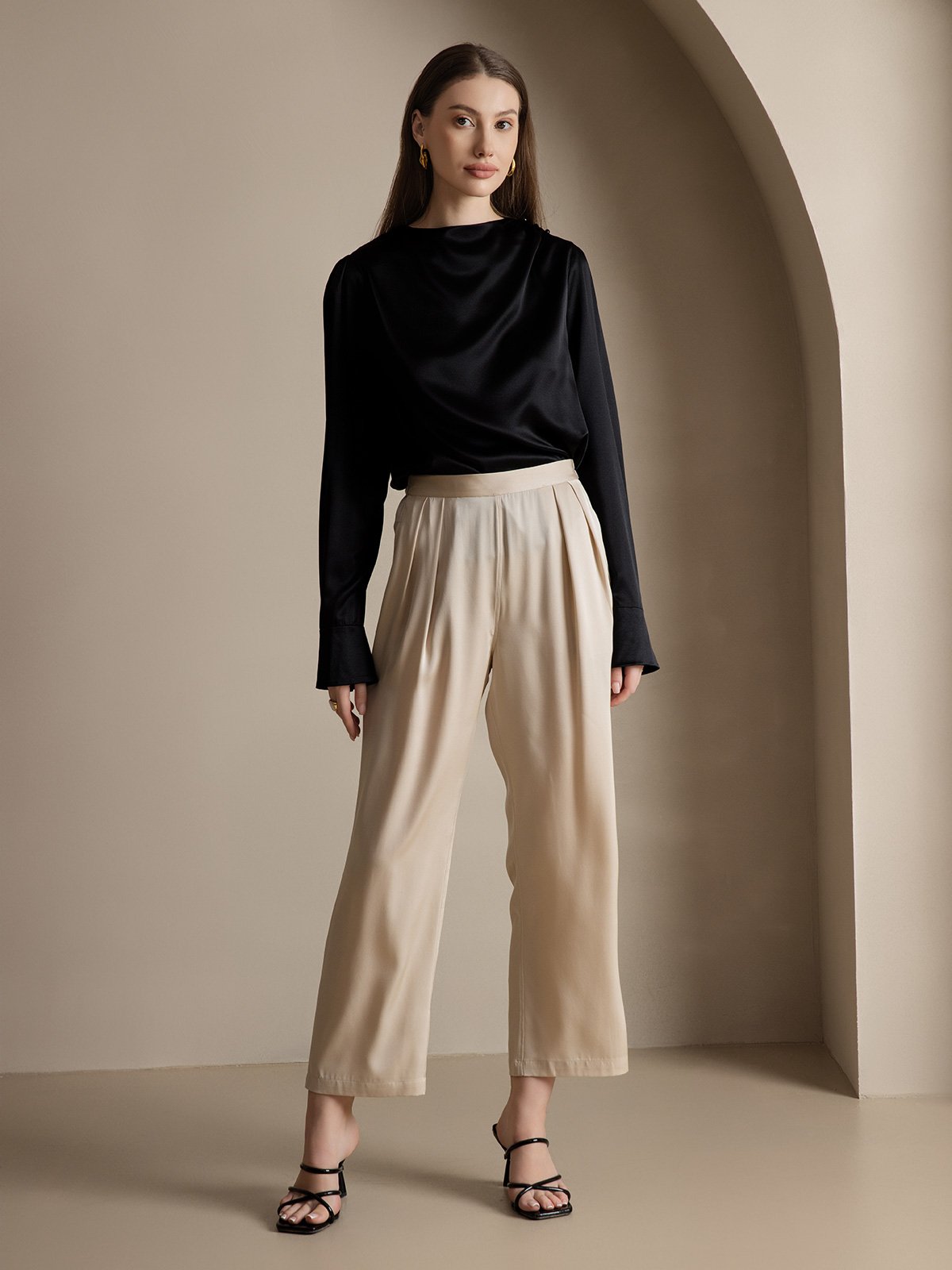 [Beige] SilkSilky-DE 22Momme Reine Seide Womens Pants 005
