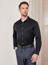 [Schwarz] SilkSilky-DE Langärmelig Umlegekragen Herrenhemd 003