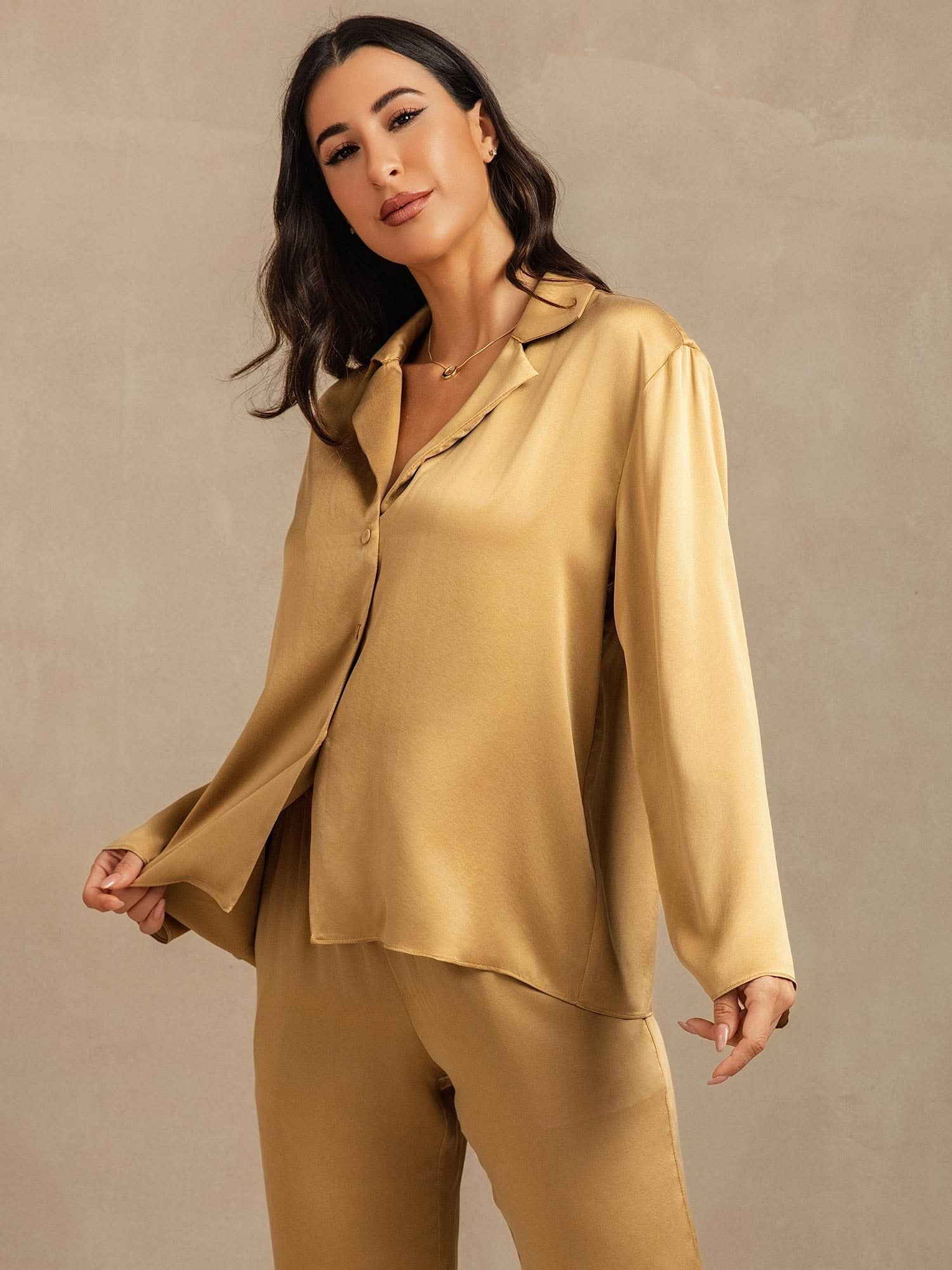 [Tan] SilkSilky-DE 19Momme Seide Umlegekragen Damen Pyjamas 008