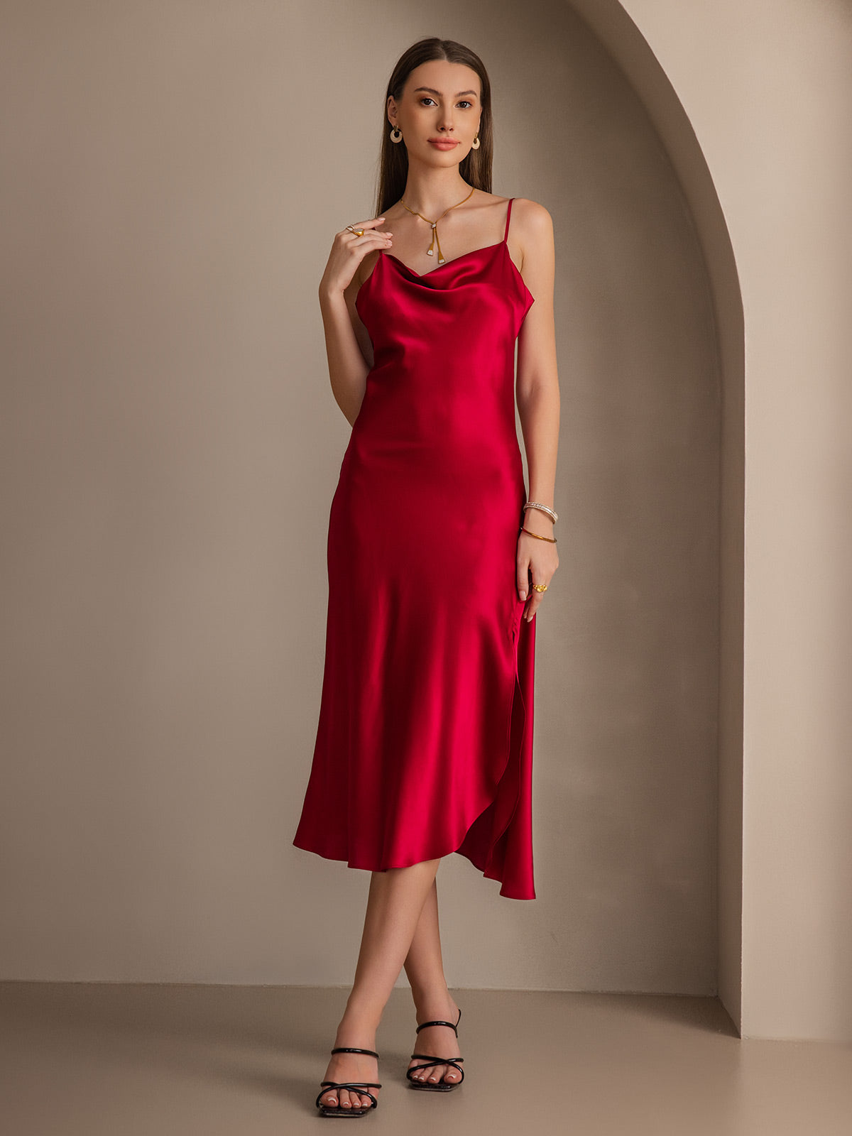 [Rotwein] SilkSilky-DE 19Momme Reine Seide Dress 001