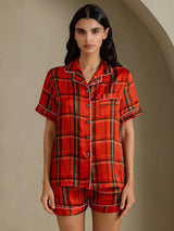 [Rotes Karomuster] SilkSilky-DE Short Sleeve Notch Collar Damen Pyjamas 001