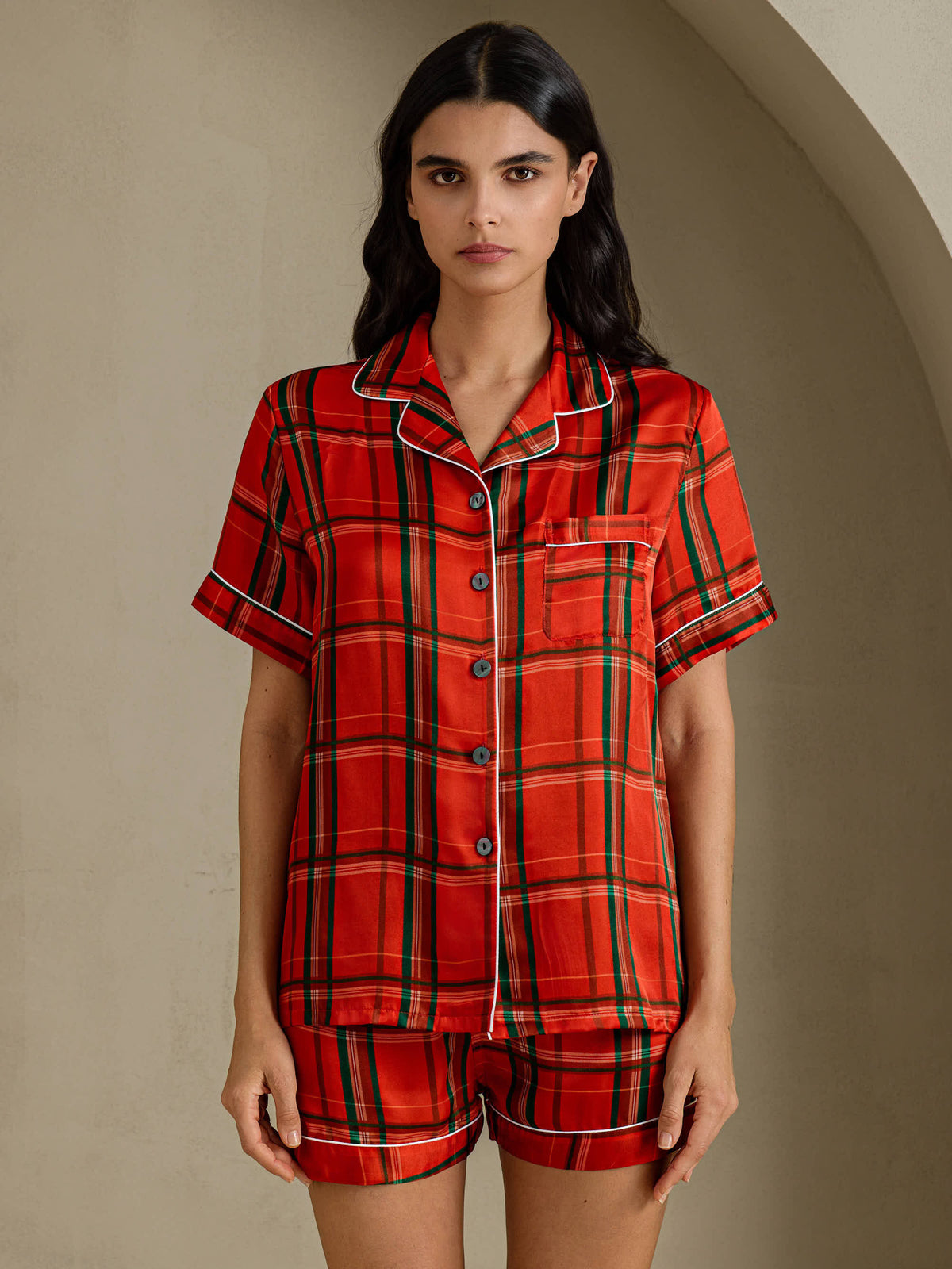 [Rotes Karomuster] SilkSilky-DE Short Sleeve Notch Collar Damen Pyjamas 001