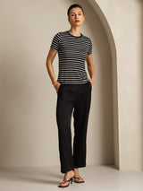 [Schwarzer Streifen] SilkSilky-DE Short Sleeve Crew-Ausschnitt T-Shirt 006