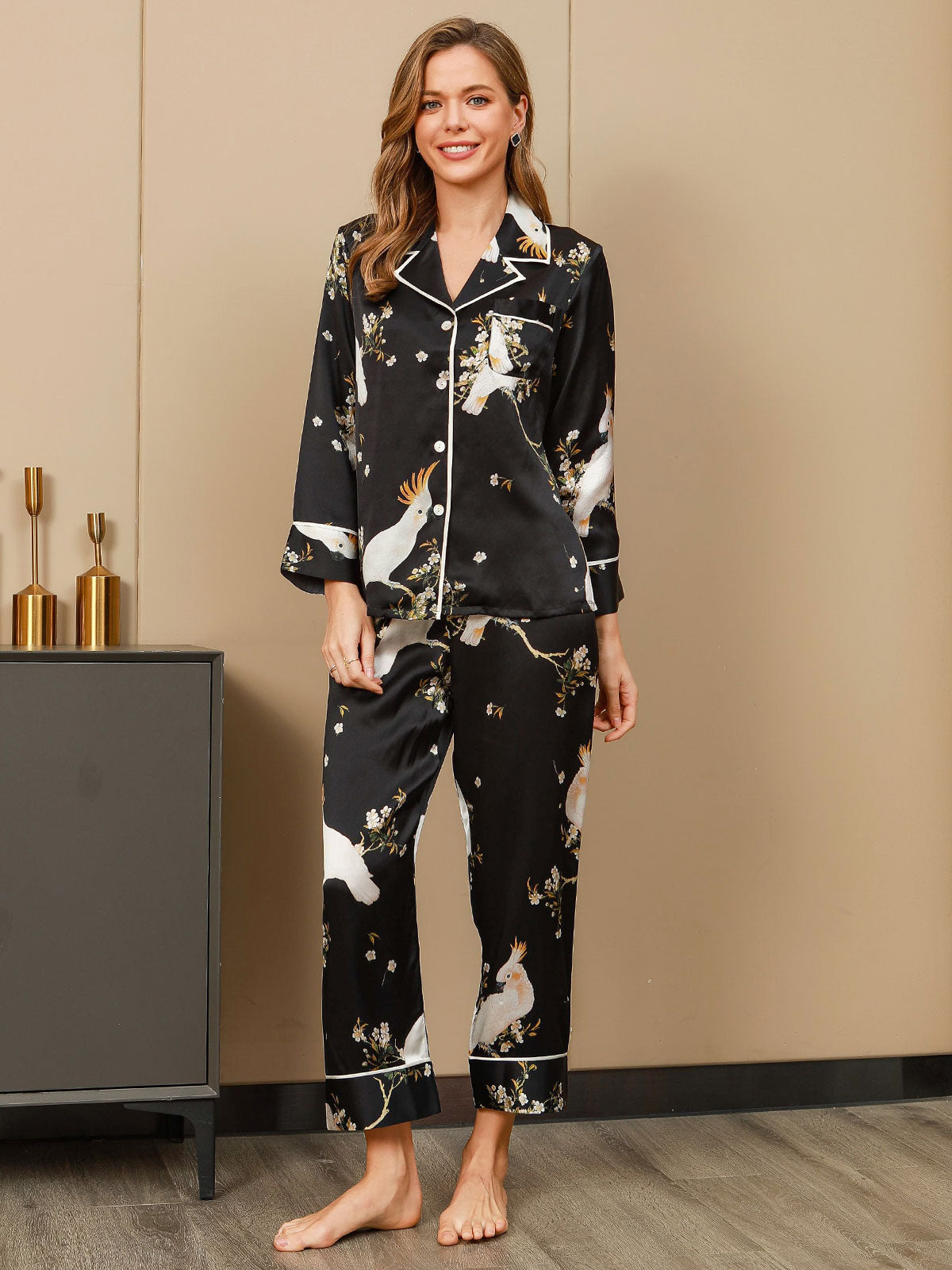 [Schwarz] SilkSilky-DE Reine Seide Womens Pajamas 004