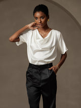 [Weiß] SilkSilky-DE Short Sleeve Cowl Neck Damenblusen 005