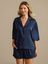 [Dunkelblau] SilkSilky-DE 19Momme Halblange Ärmel Notch-Kragen Damen Pyjamas 008