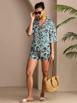 [Teal Botanisch] SilkSilky-DE Short Sleeve Notch Collar Damen Pyjamas 006