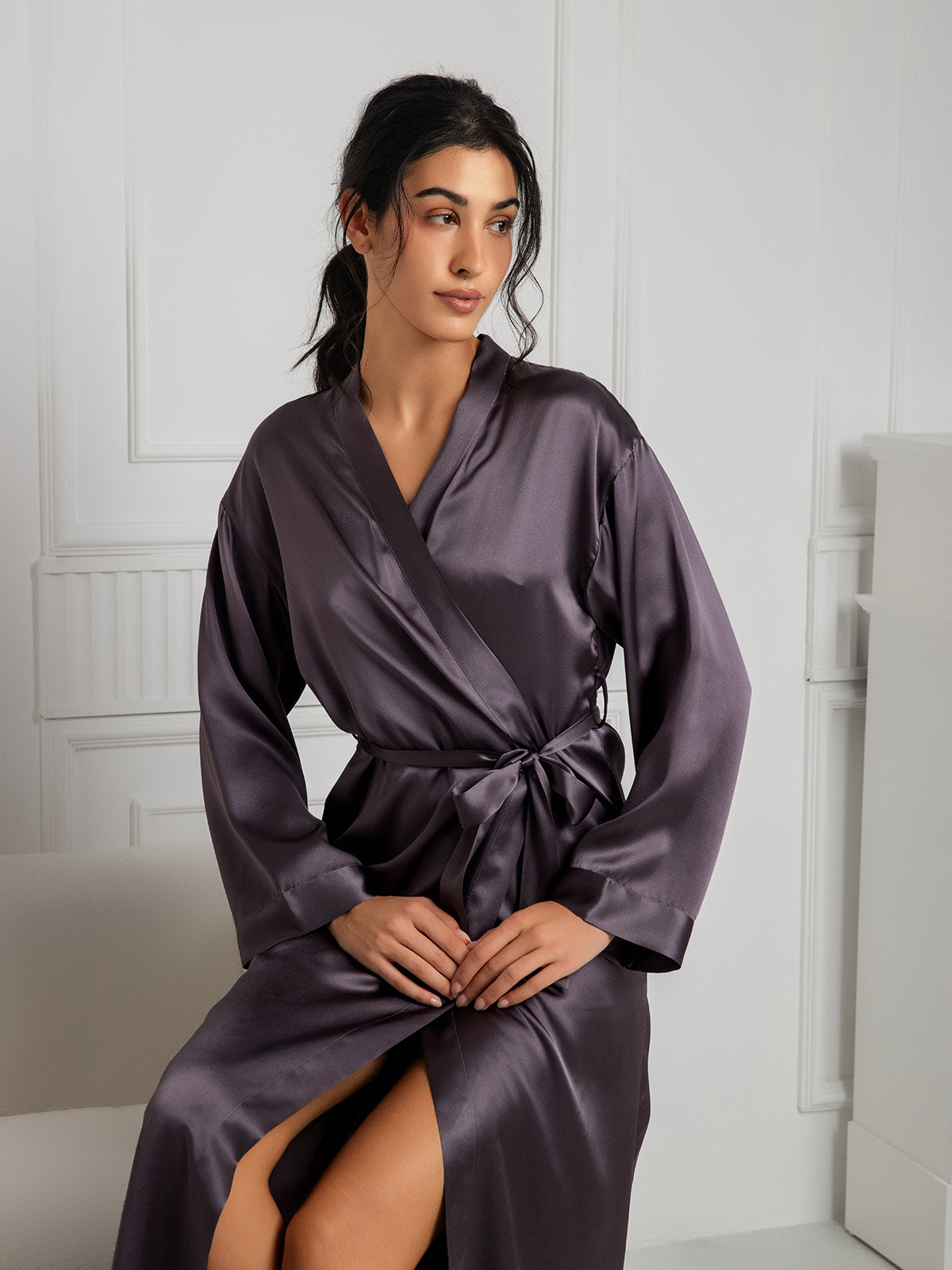 [Lila Grau] SilkSilky-DE Reine Seide Womens Robe 006