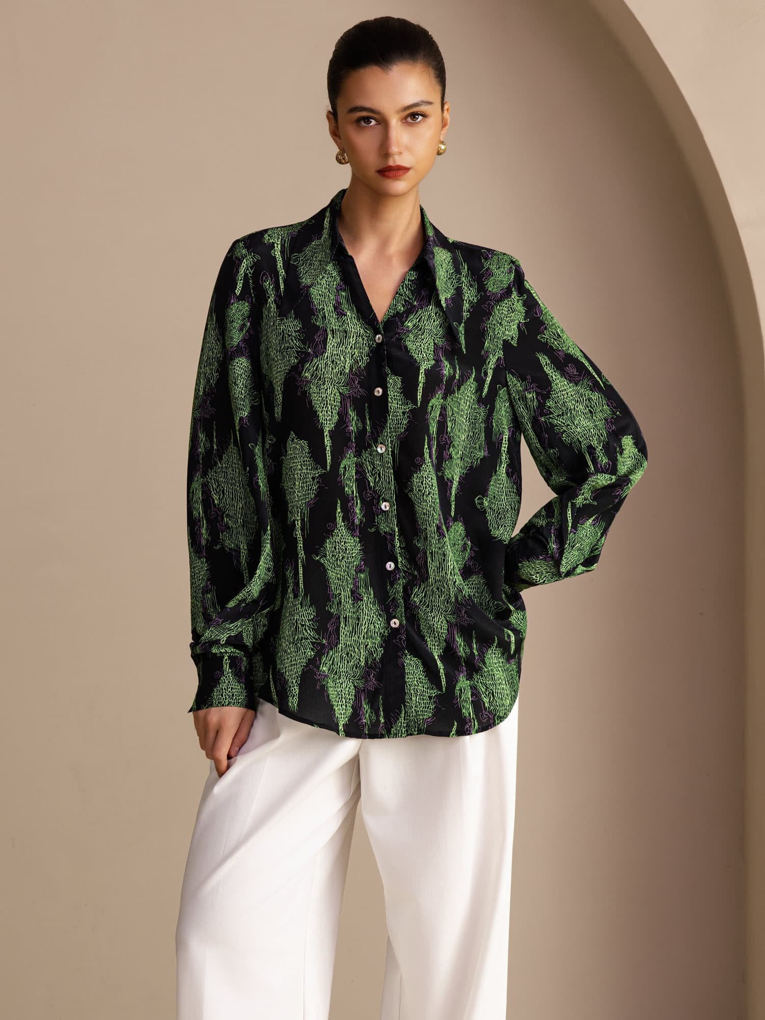 [Schwarzes Moos] SilkSilky-DE Long Sleeve Lapel Collar Bluse 001