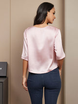 [Rosa] SilkSilky-DE Halblange Ärmel Tiefer Rundhalsausschnitt T-Shirt 002