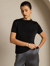 [Schwarz] SilkSilky-DE 100% Silk Jersey Short Sleeve Mock Neck T-Shirt 006
