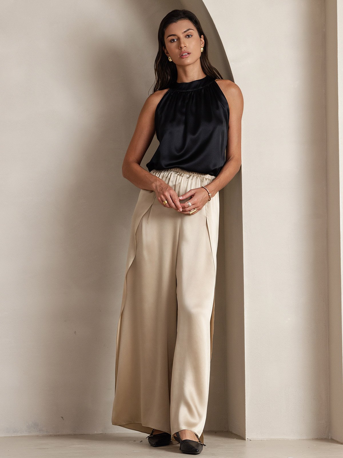 [Schwarz] SilkSilky-DE 19Momme Ärmellos Neckholder T-Shirt 004