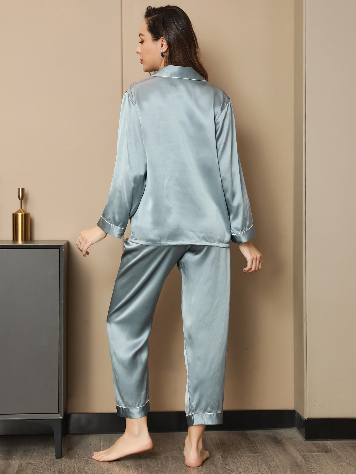 [Stahlblau] SilkSilky-DE Reine Seide Womens Pajamas 003