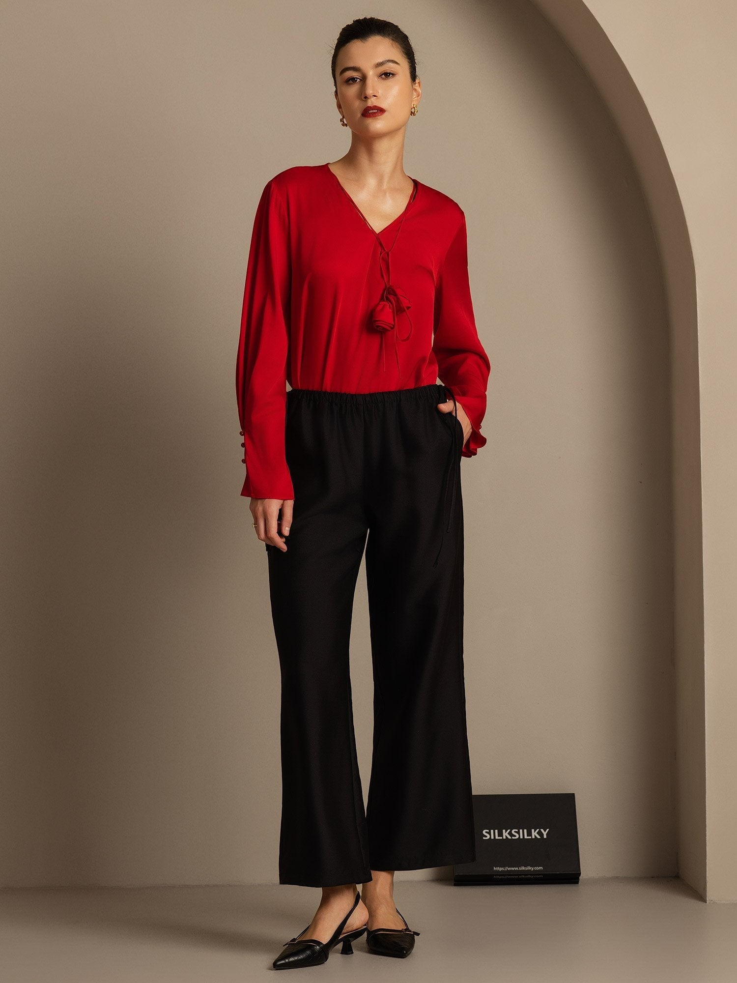 [Schwarz] SilkSilky-DE 32Momme Silk-Wool Blend Womens Pants 007,