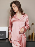 SilkSilky DE Reine Seide Langärmelig Revers Damen Pyjamas Rosa 003