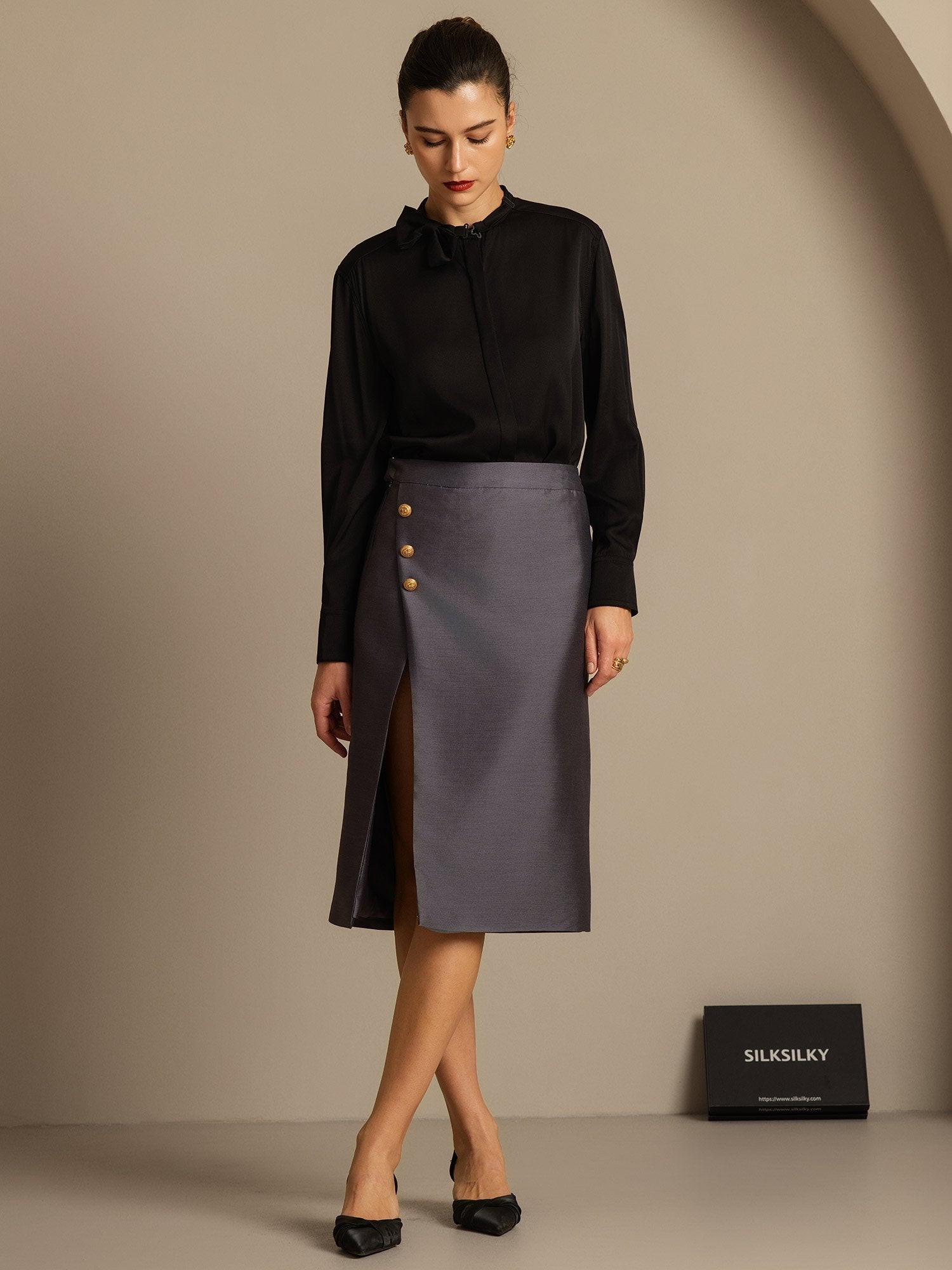 [Grau] SilkSilky-DE 32Momme Silk-Wool Blend Skirt 006,