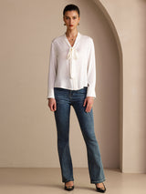 [Weiß] SilkSilky-DE Long Sleeve Tie Neck Damenblusen 007