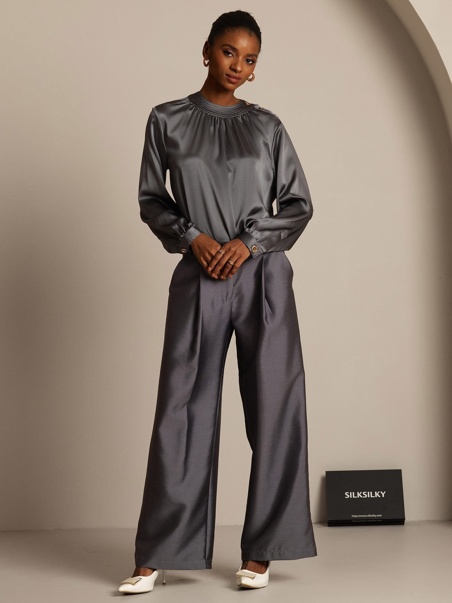 [Grau] SilkSilky-DE 32Momme Silk-Wool Blend Womens Pants 006,