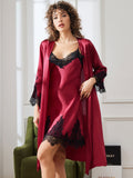 SilkSilky DE Reine Seide 3/4 lange Ärmel Nightgown&Robe Set Dunkelrot 005