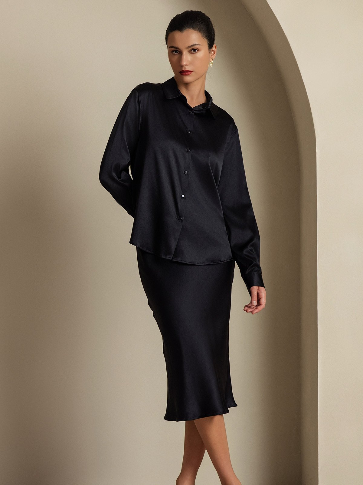 [Schwarz] SilkSilky-DE 19Momme Seidenstrick Umlegekragen Women''s Outfit Sets 005,