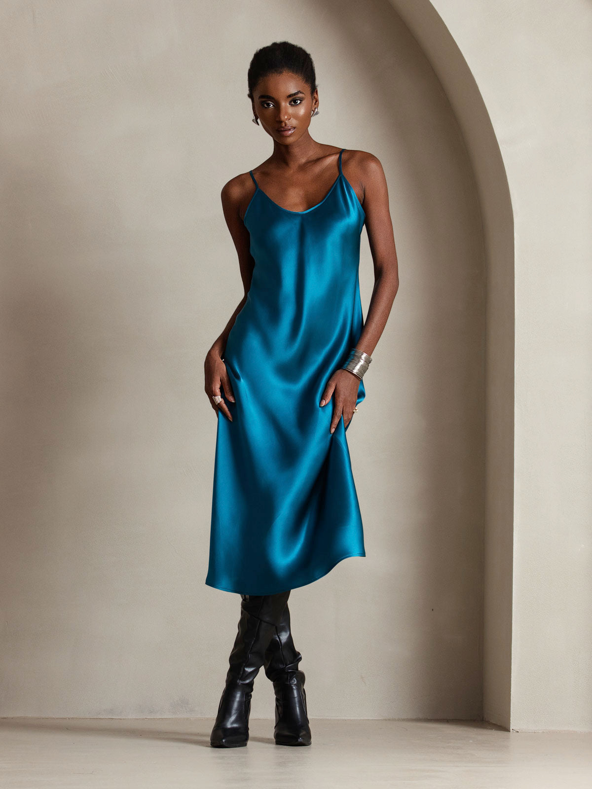 [König Blau] SilkSilky-DE Reine Seide Dress 006