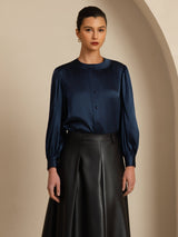 [Dunkelblau] SilkSilky-DE 19Momme Long Sleeve Round Neck Bluse 001