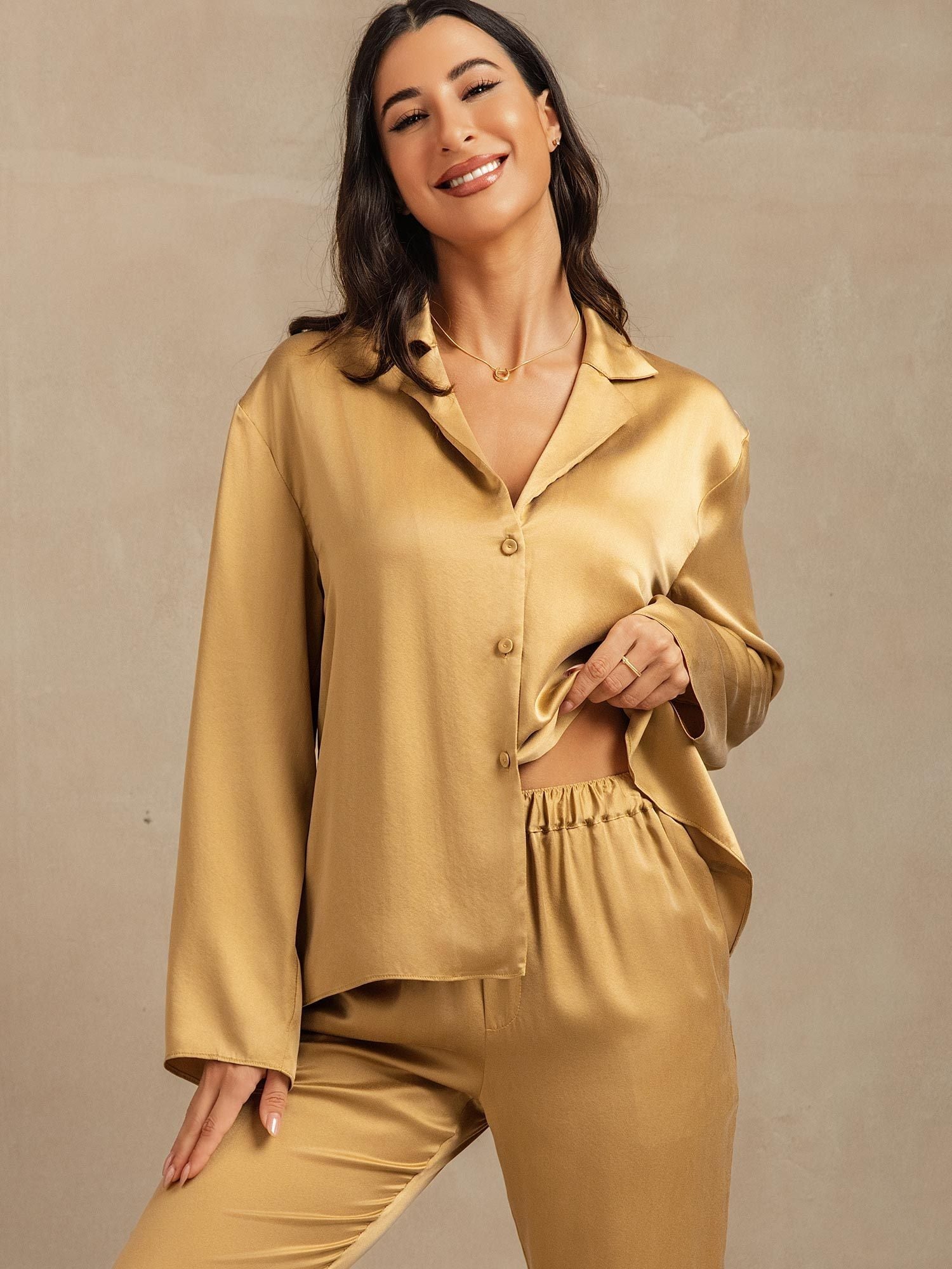 [Tan] SilkSilky-DE 19Momme Seide Umlegekragen Damen Pyjamas 007