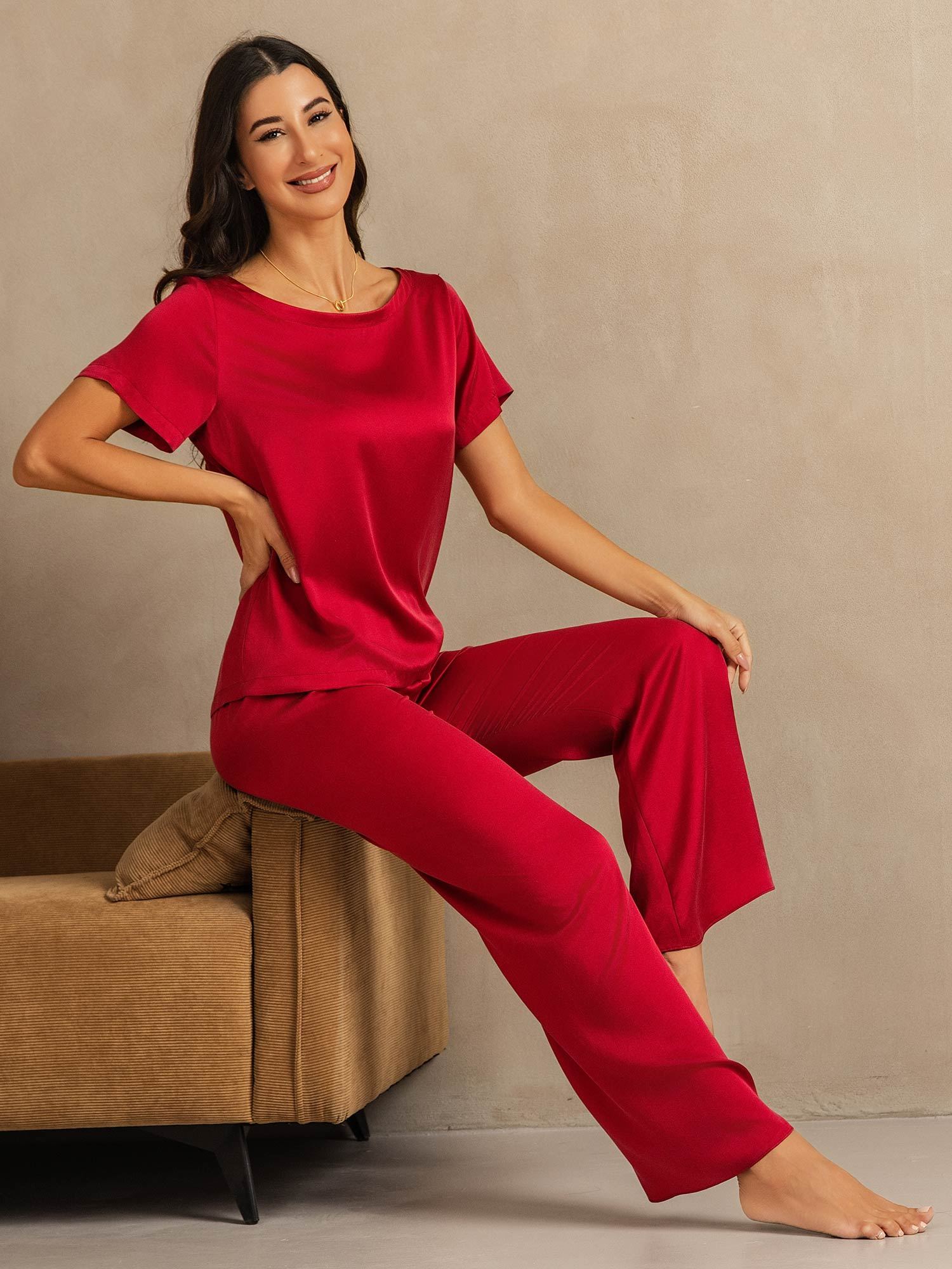 [Rotwein] SilkSilky-DE 19Momme Seide Womens Pajamas 007