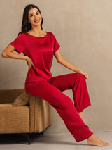 [Rotwein] SilkSilky-DE 19Momme Kurzärmelig Damen Pyjamas 007